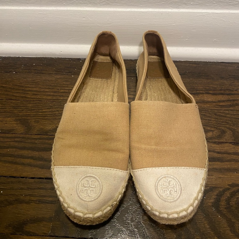 Tory Burch Tan and Cream Espadrille Flats